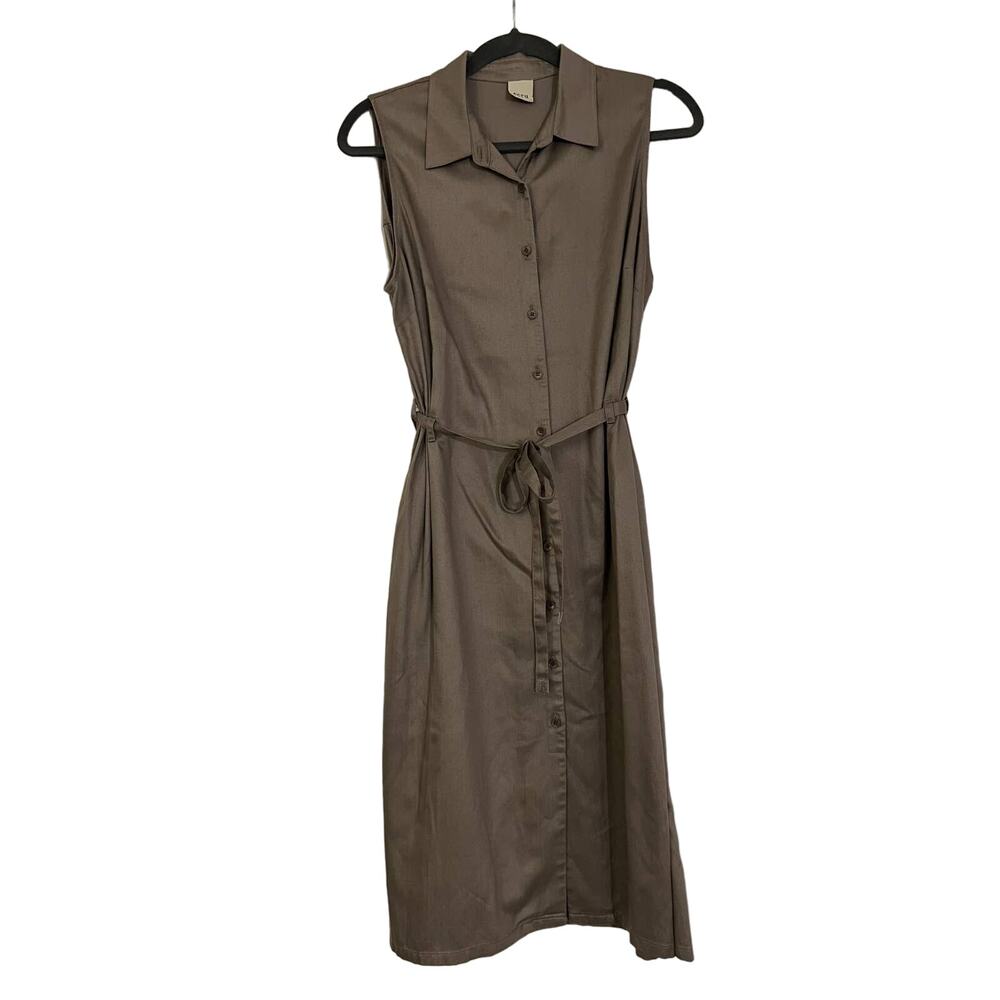 Ecru Taupe Grey Button Down Sleeveless Midi Dress Sz M